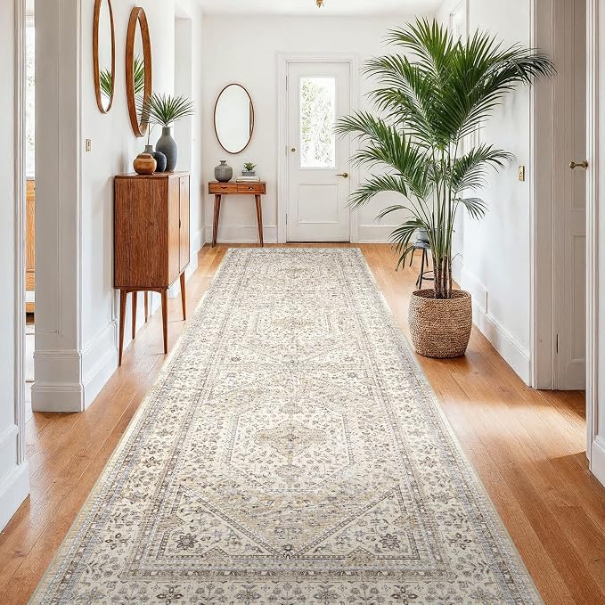 4x10 Runner Rug for Hallway Washable: Non Slip Kitchen Rugs with Rubber Backing Soft Waterproof Wide Mats Stain Resistant Low Pile Carpet for Entryway Bedroom Bathroom Laundry Home Decor Beige/Gray