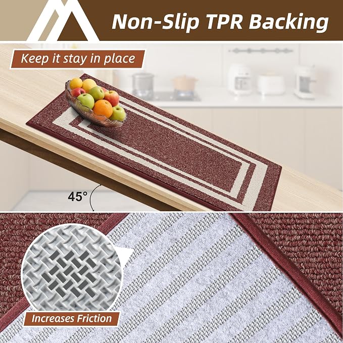 COSY HOMEER Kitchen Rugs Non-Slip 20" x30/20 x48 Inch Thick Polypropylene Standing Mat for Home Machine Washable, Red Frame