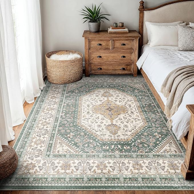 5X5 Square Rug for Living Room - Washable Kitchen Area Rug with Non Slip Rubber Backing for Bedroom Indoor Soft Stain Resistant Carpet Desk Rug for Pet-Friendly and Kitchen Decor Green/Beige