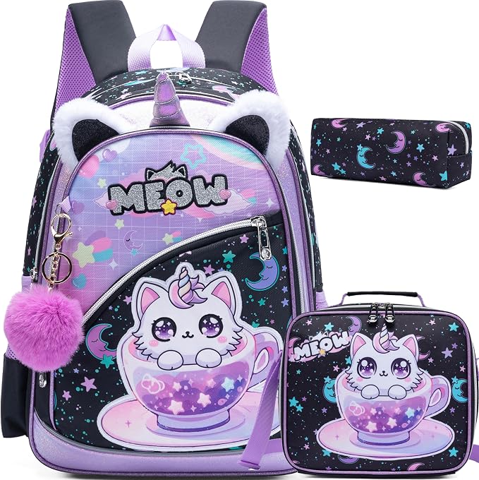 Meetbelify Backpack for Girls School Backpack with Lunch Box for Elementary Student Teen Girls Cute Cat School Bag Kids Bookbag for Girls 8-10 Purple