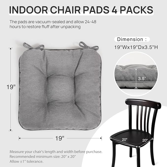 Love's cabin Memory Foam Chair Cushions Set of 4, 19"x19"x3.5" Indoor & Outdoor Seat Pads for Dining, Kitchen, Office, Patio Chairs - Grey