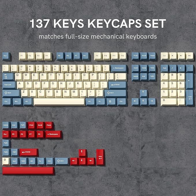 PBT Keycaps Set, Doubleshot 137 Key Caps,Cherry Profile Custom Keycap for 61/64/68/84/87/100/104/108 Mechanical Keyboard, Compatiability for 60 65 75 100 Percent Keyboads (White Blue Red)