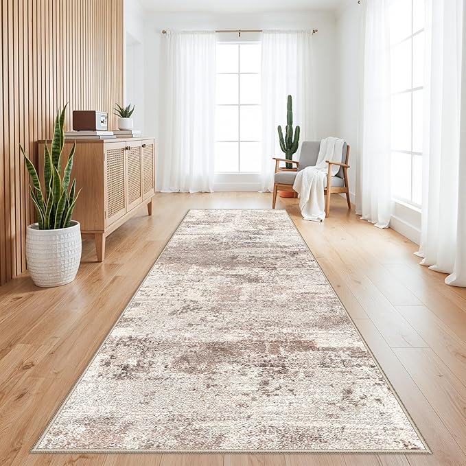 RUUGME Washable Runner Rug 3x10: Abstract Lightweight Soft Rugs for Hallway Non-Slip Ultra Thin Kitchen Laundry Runners Low-Pile Stain Resistant Carpet for Newlywed Home Decor 3X10 Brick/Brown/Beige