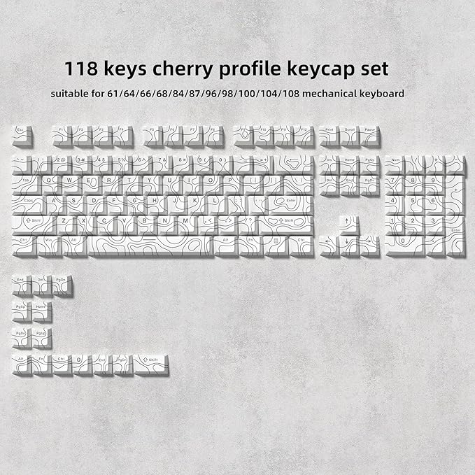 dagaladoo Double Shot PBT keycaps 119 Keys Set White Topographic Shine Through Custom keycaps Cherry Profile Custom Keyboard Key caps for 60/65/75/TKL/96/100% US Layout Mechanical Keyboard