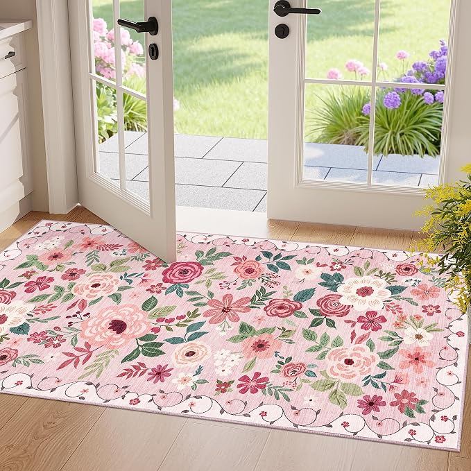 DUKINO 2x4 Rug for Entryway, Washable Kitchen Floral Runner Rug with Non Slip Backing, Low Pile Soft Boho Carpet for Kitchen, Hallway, Entryway, Laundry, Bedroom, Pink