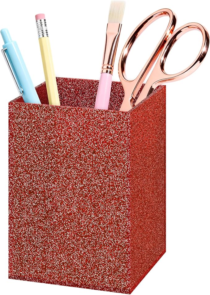 Acrylic Pen Holder Desk Organizer for Office, Red Glitter | Sparkling glitter acrylic makeup brush and pencil holder for desk, Modern desktop organizer for home, school and office