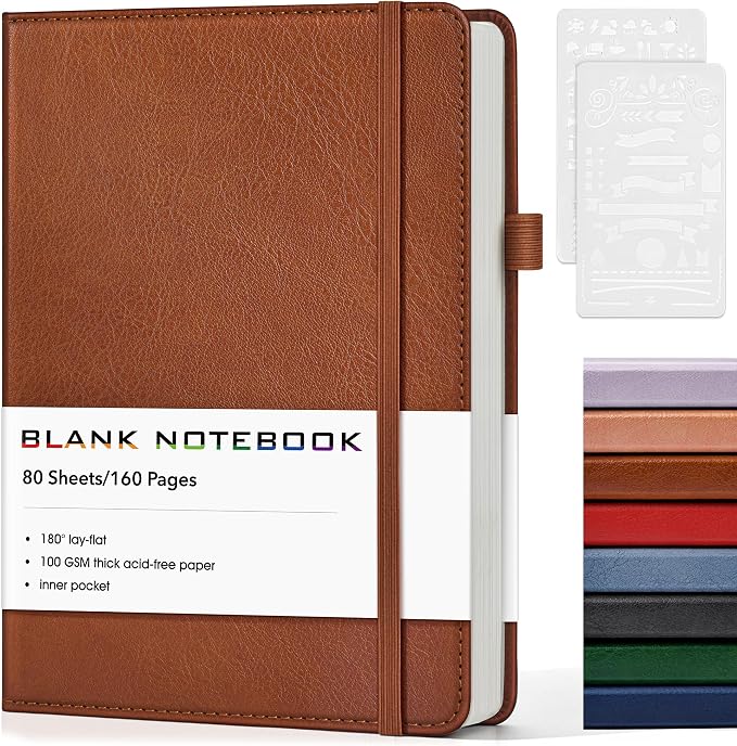 Journal Notebook, A5 Leather Hardcover Blank Sketchbook, 160 Pages, 180° Lay-Flat Binding, 100 GSM Thick Paper, for Sketching, Drawing, Art Journaling & Creative Writing (Brown)