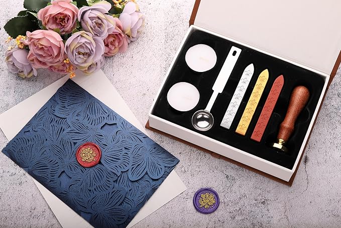 Yoption Retro Rose Bouquet Wax Seal Stamp with Sealing Wax Sticks Gift Box Set for Wedding, Party Invitations, Christmas, Mother's Day, Graduation
