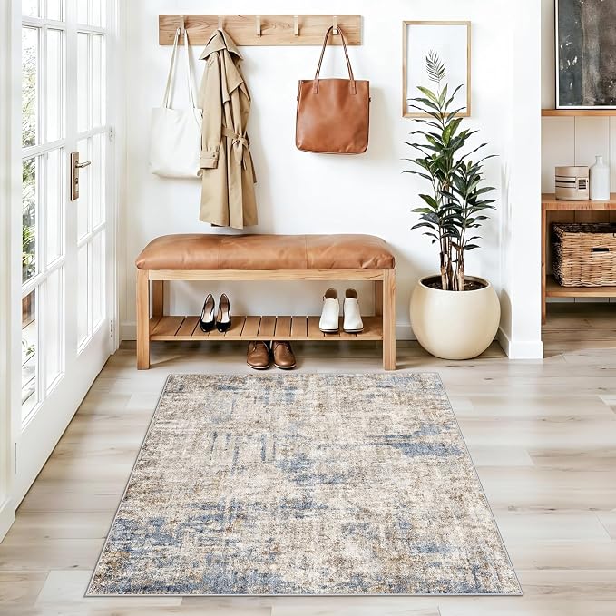 3x3 Square Entryway Rug Washable – Non-Slip Small Area Rug for Kitchen or Bathroom, Soft Low-Pile Indoor Mat, Modern Abstract Thin Door Carpet (Blue Brown)