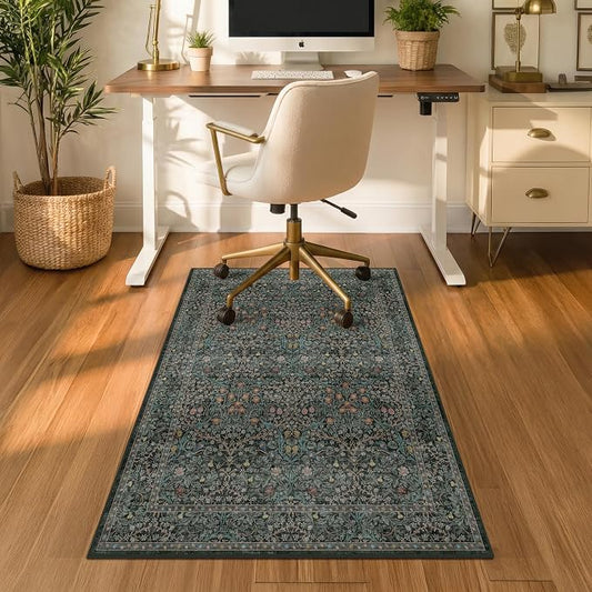Washable 2'5"x4' Dark Green Office Chair Mat for Hardwood & Tile Floor, Vintage Floral Under Desk Rug, Floor Protector for Rolling Chairs, Office Oriental Low Pile Non Slip & Stain Resistant