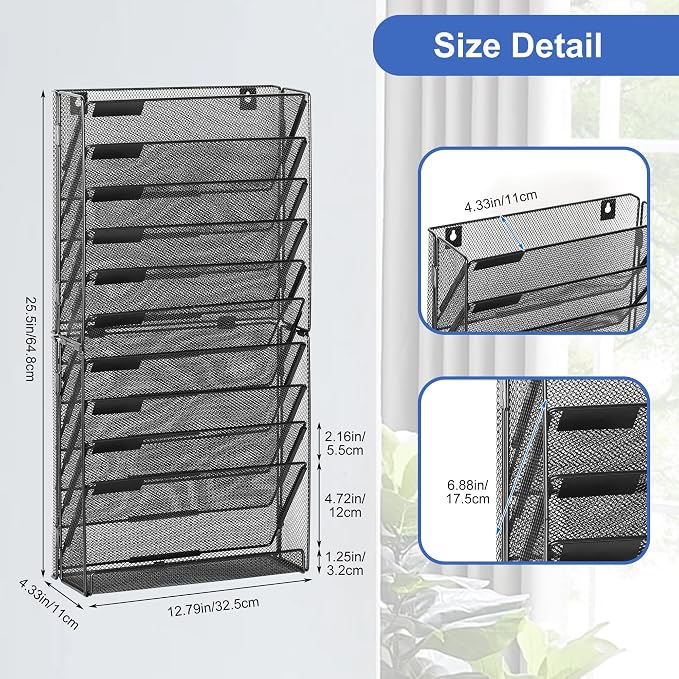 EasyPAG Wall File Holder 10 Tier Mesh Hanging Folder Organizer with Flat Tray Wall Mounted Mail Organizer Magazine Paper Desk Shelf with Nametag Label for Office Home School, Black
