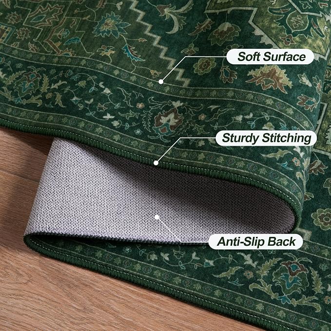 Tangsoo Dark Green 2x3 Small Rugs for Entryway, Washable Vintage Non Slip Oriental Rug, Indoor Front Door Rug, Print Door Mat Small Carpet, Soft Low Pile Rugs for Entrance Kitchen Bedroom Home Decor