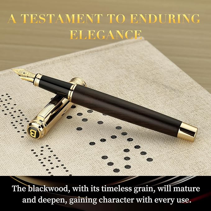 BEILUNER 316 Fountain Pen,Stunning Luxury Blackwood,24K Gilded Nib(Fine),Gorgeous 24K Gold Finish, Ink Converter,Fancy Gift for Men&Women-Elegant,Executive,Graduation Pens for Writing, BK-F