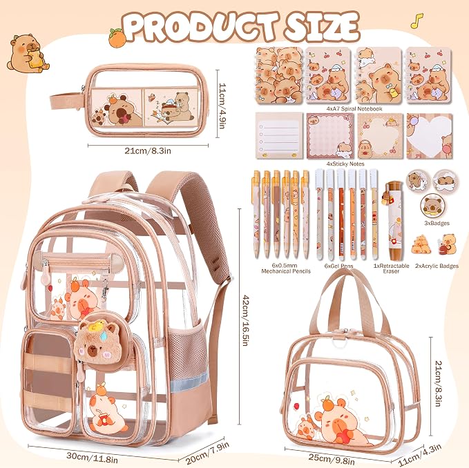 Capybara Theme Clear Backpack, 28Pcs School Supplies Stationery Transparent Backpack Set with Lunch Box Pencil Case Pens Notebooks for Kids Girls Elementary Middle School Stadium Approved