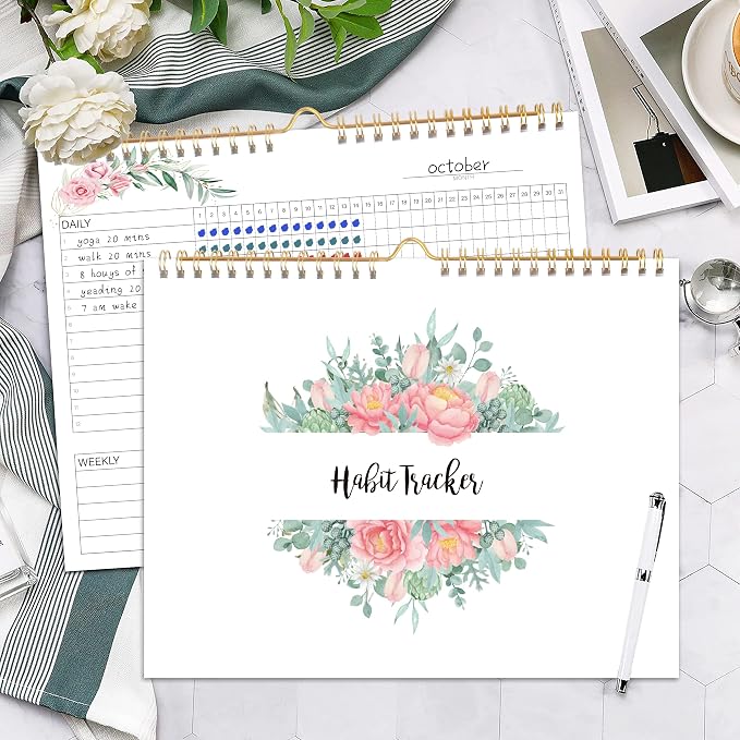 Habit Tracker Calendar - 12 Months Undated Daily Weekly & Monthly Period Habit Tracker Journal, Greenery Floral, Spiral Binding & Hanger, 7.8"x10"