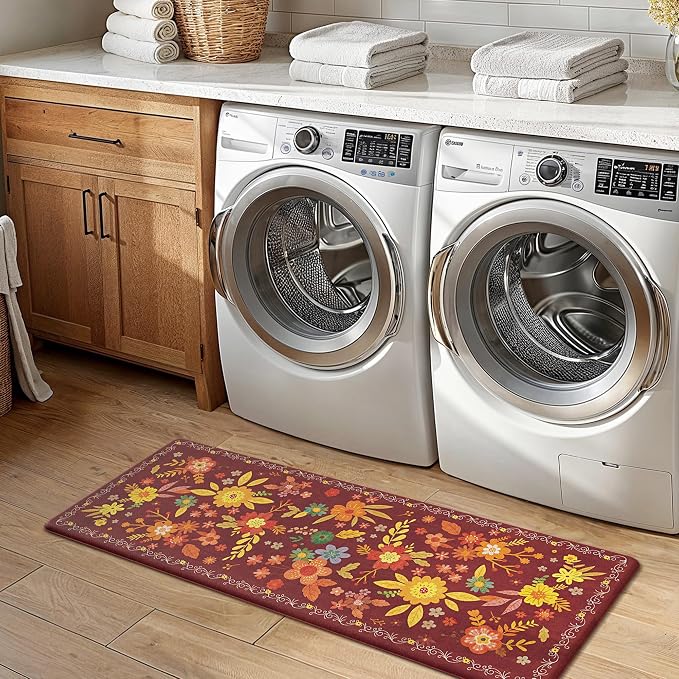 GENIMO Anti Fatigue Kitchen Mats for Floor 2PCS, Cushioned Standing Mats | 17.3"x47"&17.3"x30", Red vintage floral rug set, waterproof, non slip, easy-clean for farmhouse