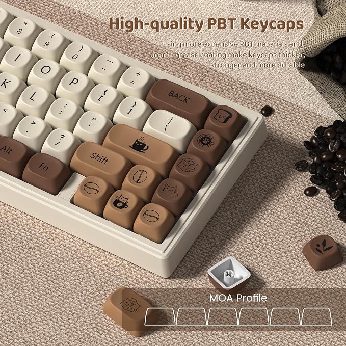 dagaladoo Cute Brown PBT Keycap Set,Coffee cat MOA Profile Keycaps 60 75 100 Percent,Dye-Sub 134-key Custom Keyboard Keycap for 100% 75% 65% 60% TKL US Layout Mechanical Keyboard