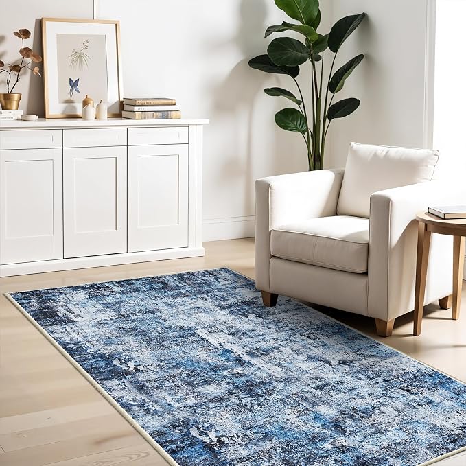 3x6 Washable Wide Runner Rug – Non-Slip Floor Carpet Runner for Kitchen Entryway Hallway Bathroom, Modern Abstract Low Pile Thin Area Rug (Navy Blue, 3x6)