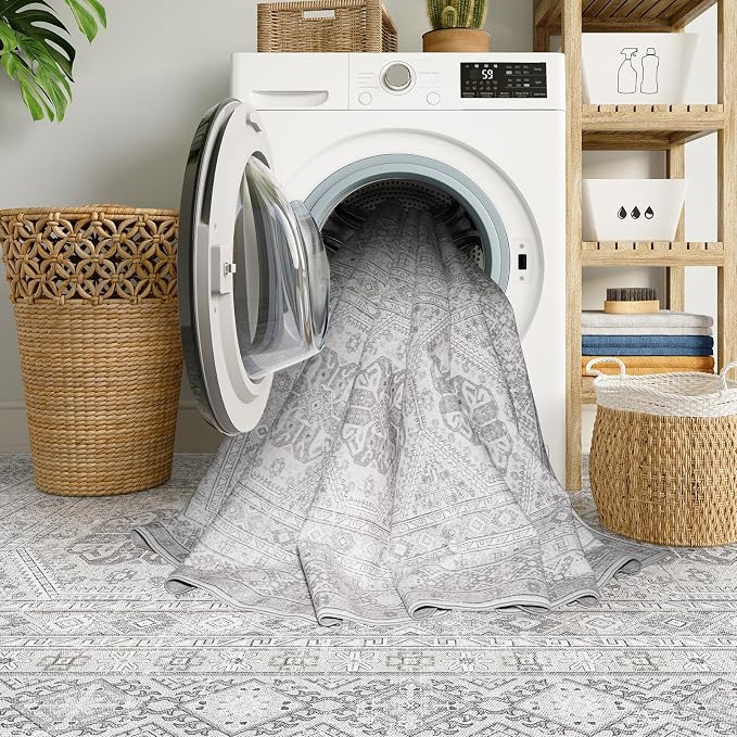 3x12 Runner Rug Kitchen Washable: Oriental Indoor Hallway Runners with Non Slip Backing Floor Mat for Entryway Door Low Pile Thin Carpet for Bedroom Bathroom Living Room Bedside Grey