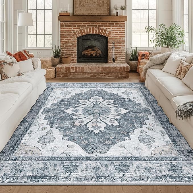 RELEANY Area Rugs Square 8ft Washable Non-Slip, Floral Vintage Distress Medallion Carpet for Living Room Bedroom Dining Room, Light Gray Grey White