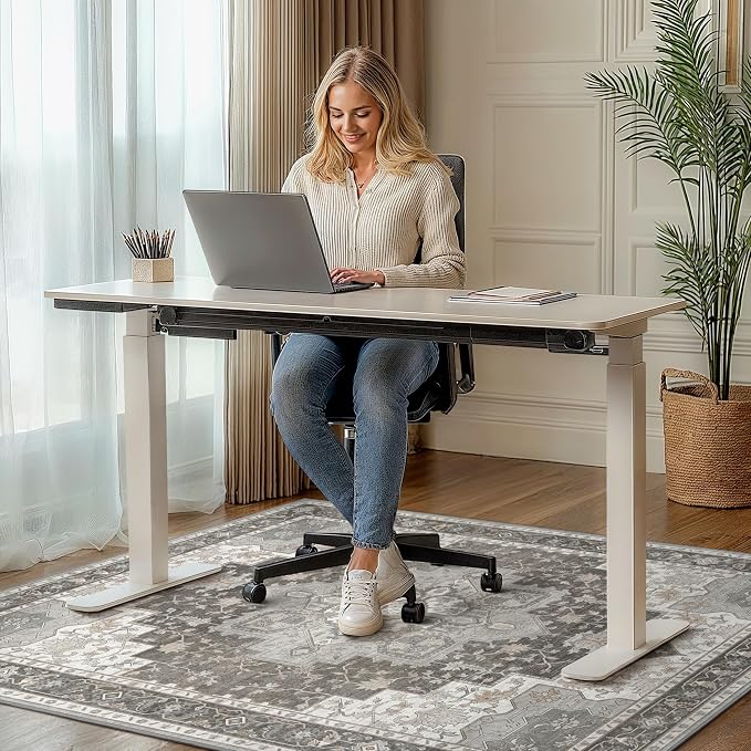 36"x60" Office Chair Mat for Hardwood Tile Floor, Under Desk Carpet Protector for Rolling Computer Chair Mat, Machine Washable Area Rug, Anti-Slip 1/5" Thick Low Pile Thin Vinyl Floor Mat, Tawny Grey