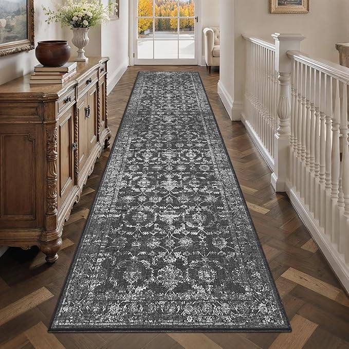 3x12 Black Runner Rug Hallway Washable Area Rugs Kitchen Vintage Boho Non Slip Long Rug Floral Carpet Indoor Retro Soft Low Pile Throw Rug for Bedroom Bathroom Laundry Dining Living Room Office