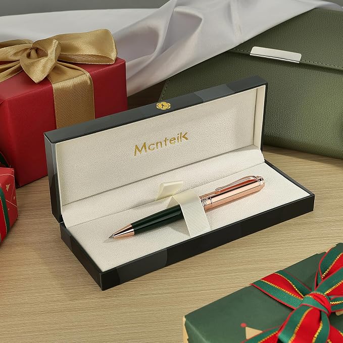 MCNTEIK Luxury Gel Pen, Top Set With 8mm Brilliant Diamond,Dark Green Pen Body,Attractive Rose Real Gold Finish, Black Refill,Elegant Gift Pen For Women, Executive, Fancy, Graduation, Nice Pens