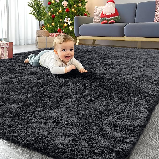 OLANLY 4x8 Area Rugs for Living Room Bedroom, Machine Washable Soft Fluffy Shaggy Bedside Rug, Indoor Floor Carpet for Kids Girls and Boys, Dorms, Nursery Rooms, Home Decor Aesthetic, Black