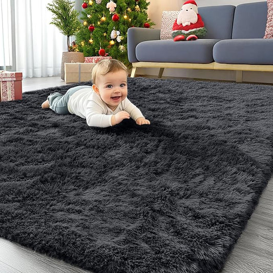 OLANLY 4x8 Area Rugs for Living Room Bedroom, Machine Washable Soft Fluffy Shaggy Bedside Rug, Indoor Floor Carpet for Kids Girls and Boys, Dorms, Nursery Rooms, Home Decor Aesthetic, Black