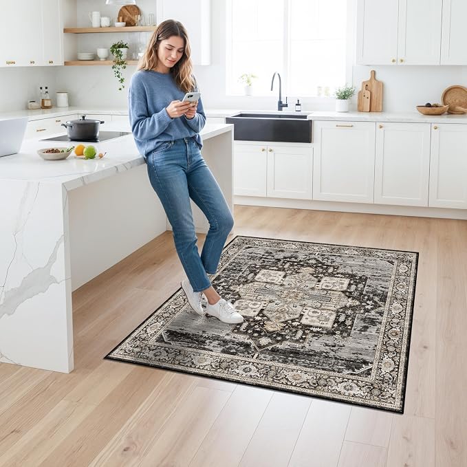RUUGME Decorative 4x4 Rugs Square - Soft Area Rugs for Living Room Stain Resistant Vintage Ultra Thin Rugs for Bedroom Kitchen entryway with Non Slip Backing Home Decor 4x4 Black