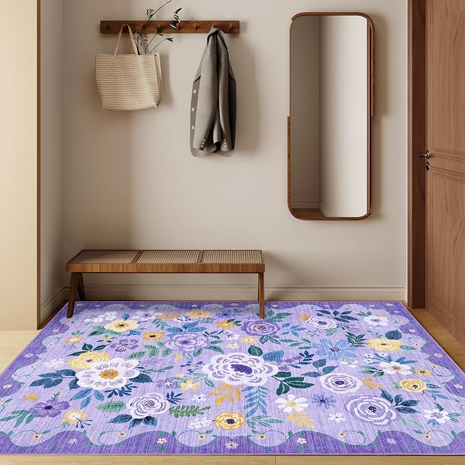 DUKINO 4x6 Area Rug, Lightweight Non Slip Washable Floral Rug, Indoor Low Pile & Non-Shedding Boho Design Rugs for Bedroom, Living Room, Dining Room, Purple