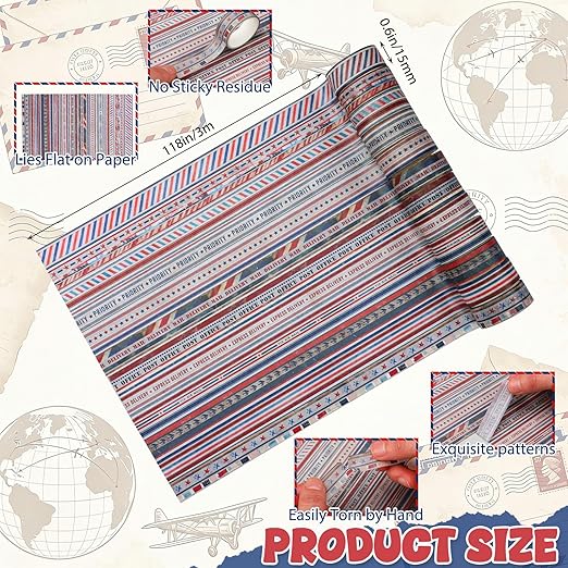 24 Rolls 4th of July Airmail Postal Washi Tape Patriotic Vintage Washi Tape Gifts Bulk 250th Anniversary Independence Day Decorative Tapes for Journaling DIY Crafts Stationery Gift Wrapping