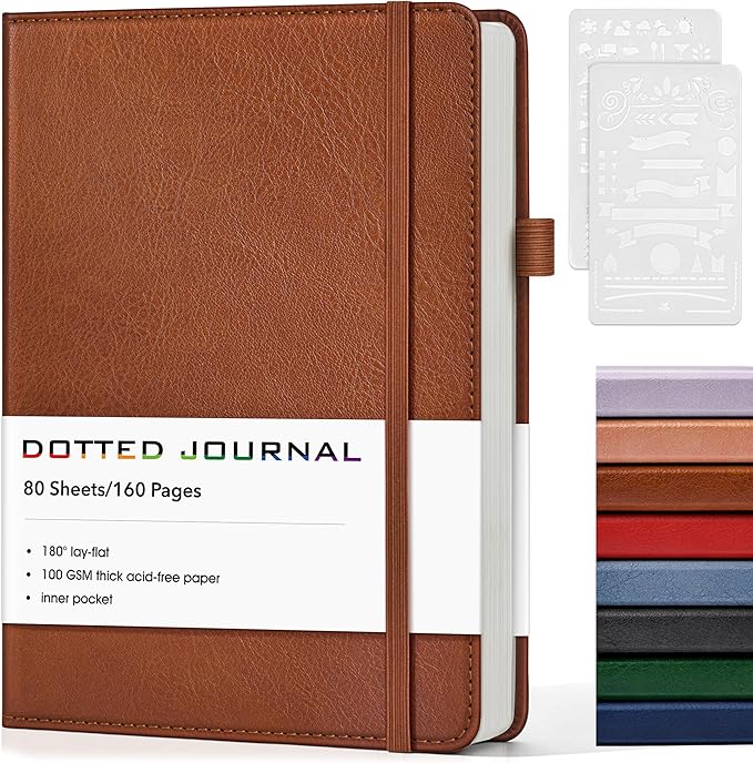 Dotted Journal Notebook, A5 Leather Hardcover, 160 Pages, 180° Lay-Flat Binding, 100 GSM Thick Paper, Dot Grid for Bullet Journaling, Planning & Daily Organization (Brown)