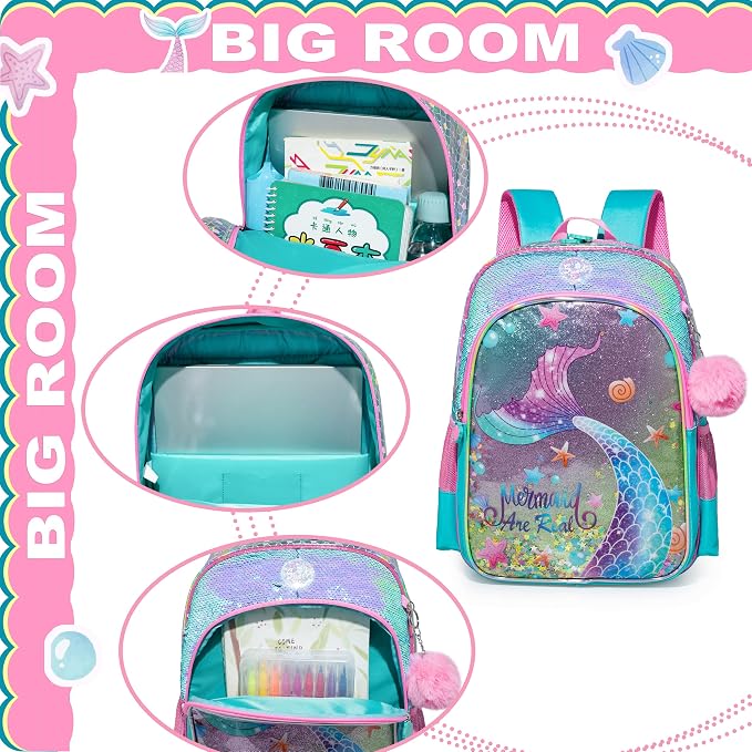 Mermaid Backpacks for Girls Kids School Cute Bookbag for Kindergarten Elementary Sequin School Backpack for Girls Lightweight SchoolBag with Lunch Box