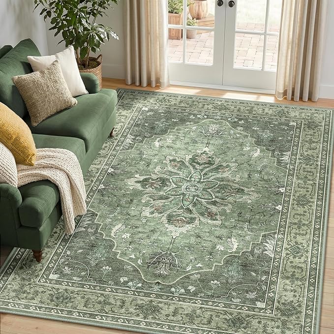 RELEANY Area Rugs 5'x7' Washable Non-Slip, Floral Vintage Distress Medallion Carpet for Living Room Bedroom Dining Room, Dark Green Gray