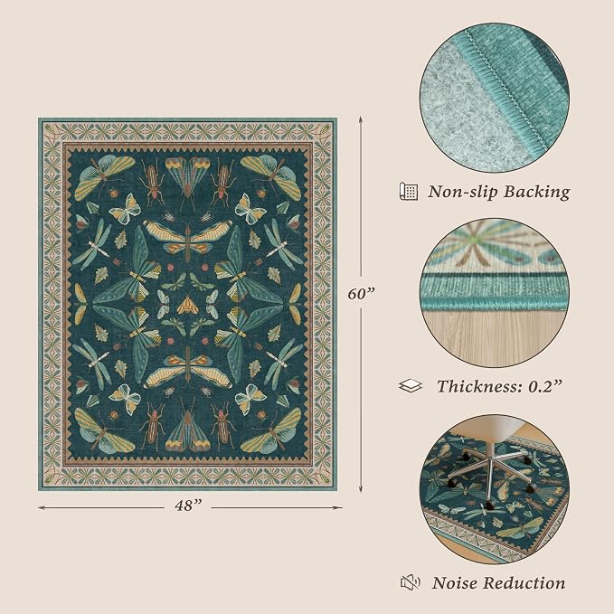 4'x5' Teal Office Chair Mat for Hardwood Floors, Insect Boho Design,Non-Slip Low Pile Desk Rug, 48"x60" Small Area Rug for Computer Desk Home Office, Machine Washable WFH Essential for Dorm Room