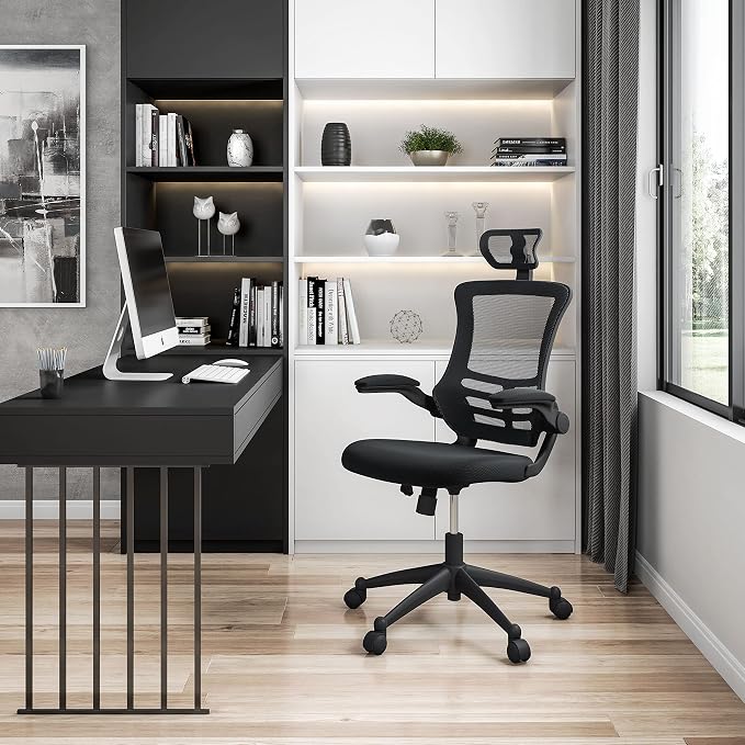 Techni Mobili High-Back Mesh Office Chair with Headrest, Recline, Black | Executive mesh office chair, adjustable headrest, flip-up arms, recline control, height adjustable, swivel chair, ergonomic