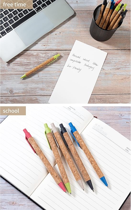 jinfusi Wheat Straw Pens(30 Pack),Eco Friendly Cork and Recycled Ballpoint Writing Black Ink Sustainable Products Set Pens or Journaling