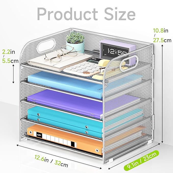 5 Tier Paper Organizer with Handle, Silver Metal Mesh Desk Organizer File Folder Paper Letter Tray Desktop Document Sorter for Classroom, School, Office Accessories Organization and Storage