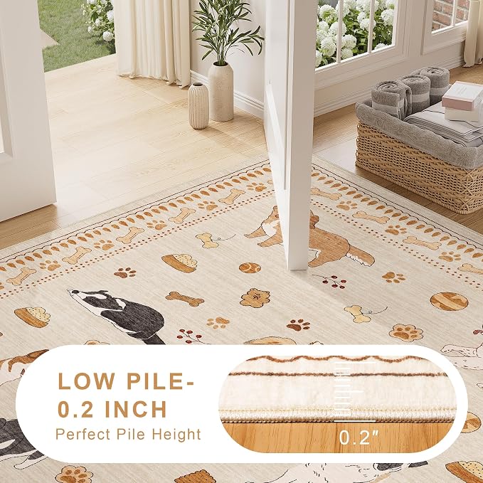 DUKINO 2.6x8 Washable Runner Rug for Hallway, Non Slip Animal Dog Kitchen Rug with Low Pile Design, Soft Stain Resistant Indoor Carpert Runner for Entryway, Bedroom, Laundry, Bathroom, Beige Yellow