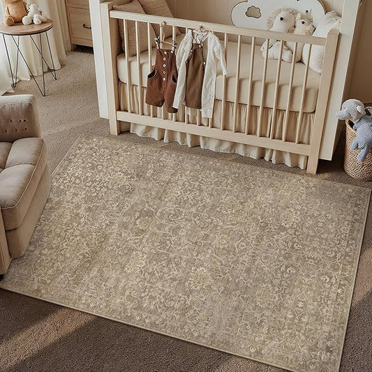 HUGEAR 4x6 Entryway Area Rug Light Brown Small Rug Machine Washable Door Mat Vintage Floral Low Pile Carpet Vacuumable Distressed Throw Rug Entrance Kitchen Bathroom Bedroom Non Slip Lightweight