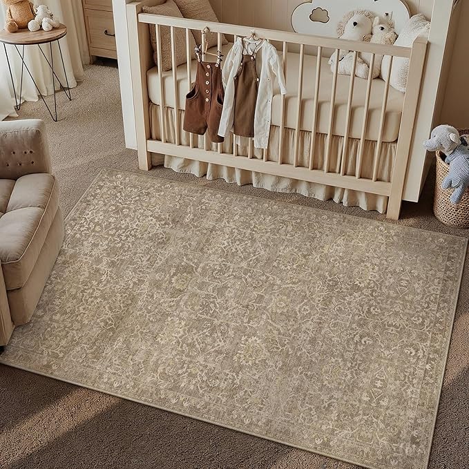 HUGEAR 3x5 Entryway Area Rug Light Brown Small Rug Machine Washable Door Mat Vintage Floral Low Pile Carpet Vacuumable Distressed Throw Rug Entrance Kitchen Bathroom Bedroom Non Slip Lightweight