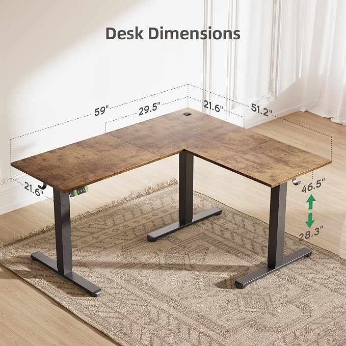 Claiks L Shaped Height Adjustable Electric Standing Desk with Dual Motors and Headphone Hook, 59" Corner Sit Stand Desk with Memory Presets for Home Office & Gaming, Rustic Brown