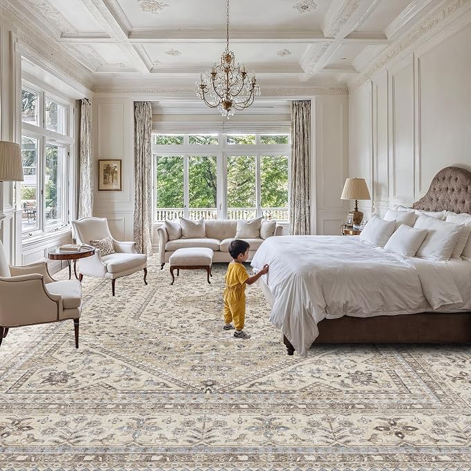 12X15 Area Rug for Living Room: Large Washable Oriental Rugs for Bedroom Non Slip Backing Stain Resistant Indoor Soft Floor Carpet for Dining Table Nursey Dorm Kitchen Low Pile Beige/Gray