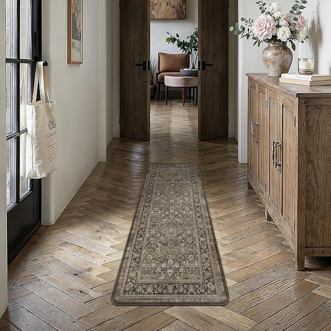 17.3"x47" Dark Brown Vintage Kitchen Mat Set | Washable, Anti Fatigue, Non Slip, Soft, Vintage, Floral, Distressed, Farmhouse, for Sink Entryway Bathroom Laundry