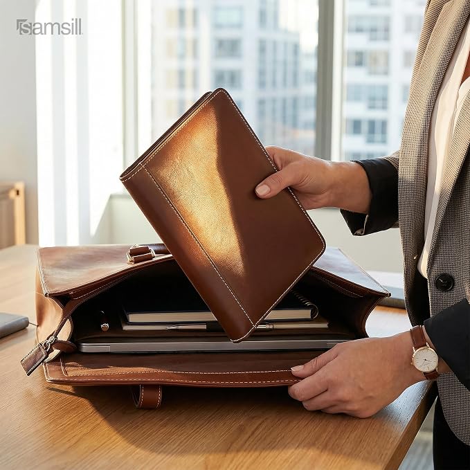 Samsill Contrast Stitch Faux-Leather Portfolio, Mini Size Business Interview Professional Padfolio, Includes 5 x 8 Inch Writing Pad, Brown