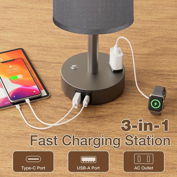 Touch Bedside Table Lamp with Memory - Stepless Dimmable Lamp for Bedroom, Small Nightstand Lamp with Dual USB Charging Ports and AC Outlet, Wood Night Light, Desk Lamp for Nursery (Grey & Grey)