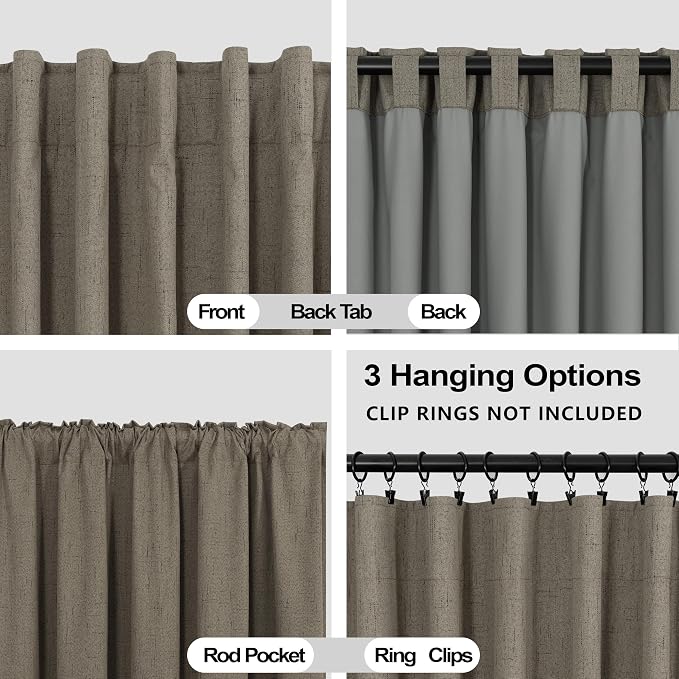 KOUFALL Soundproof Blackout Curtains 90 Inch Long Linen Black Out Noise Reducing Curtains for Bedroom Living Room 52x90 in Length 2 Panels Set,Light Brown Dark Taupe
