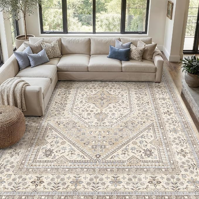 12x18 Area Rug for Living Room: Large Washable Oriental Rugs Non Slip Backing Stain Resistant Carpet for Bedroom Indoor Soft Low Pile Floor Mat for Dining Room Home Office Decor
