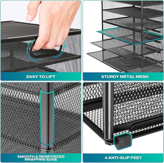 8 Tier Paper Letter Tray Organizer with Handles (Black-2Pack) | Mesh Desk File Holder Storage Organization for Home School Classroom & Office